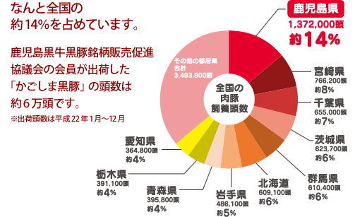 全国の肉豚飼養頭数の円グラフ。鹿児島県はなんと全国の約14％を占めています。